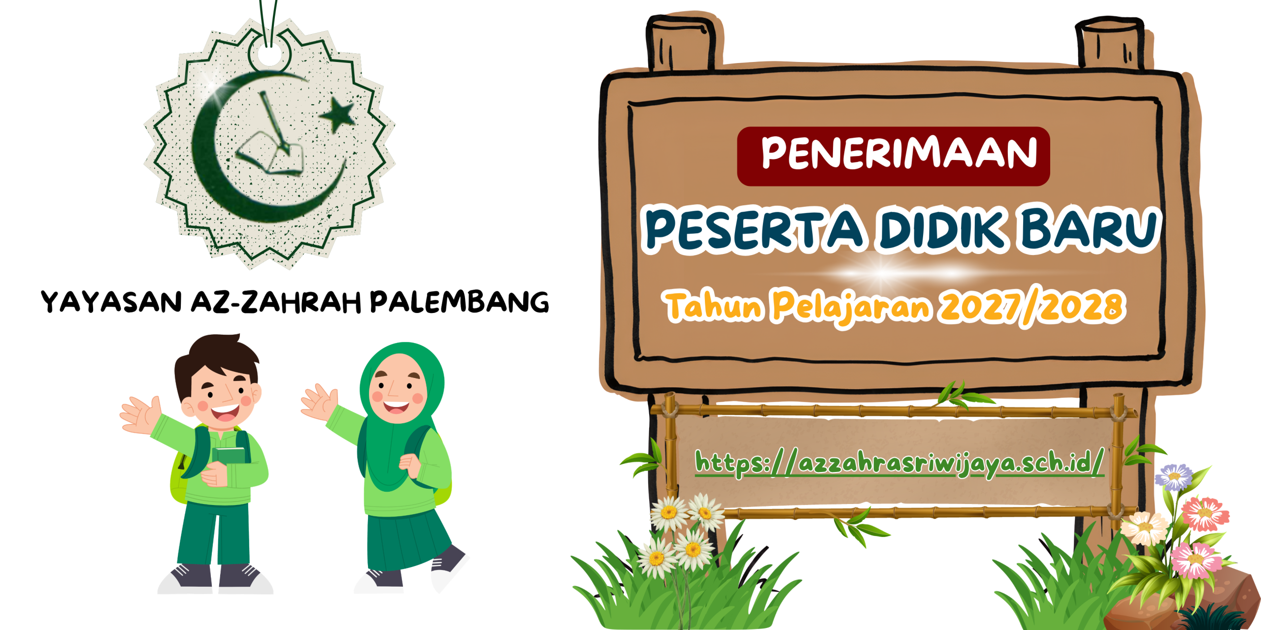 Biru dan Hijau Kartun Penerimaan Siswa Baru Banner Lanskap